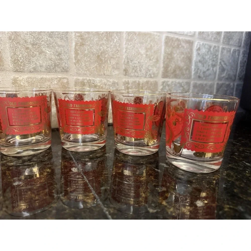 8 VTG Mid Century Modern Red Gold Whiskey Sour Old‎ Fashioned Bourbon Glasses